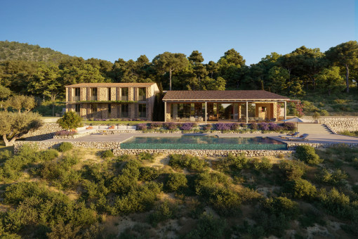 Neubaufinca mit Blick auf das Tramuntana-Gebirge und das Meer in der Nähe von Santa Maria