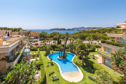 Blick auf die gemeinschaftliche Poollandschaft