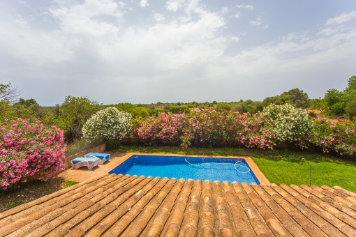 Blick über den Poolbereich und den tollen Garten