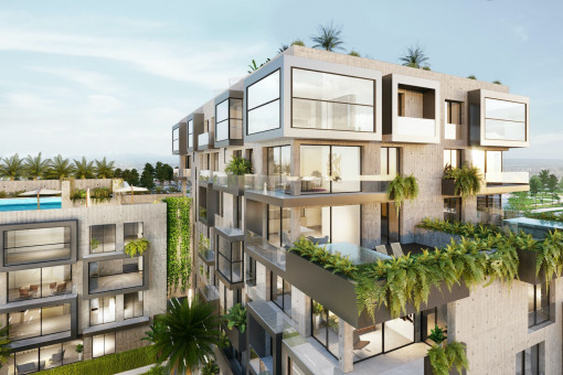 Neubau-Penthouse mit 2 SZ, privater Dachterrasse, Jacuzzi und Meerblick in Nou Llevant, Palma