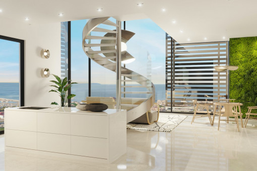 Wohnbereich mit Panoramafenstern des Penthouses
