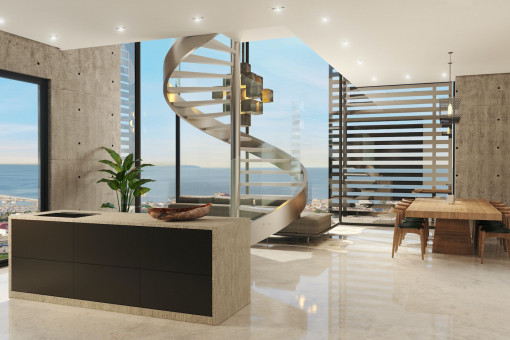 Wohnbereich mit Panoramafenstern des Penthouses