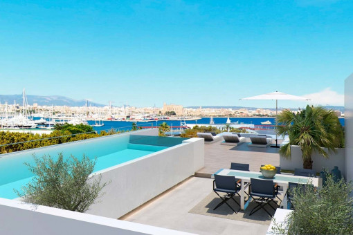Luxus-Neubau-Penthouse mit privater Dachterrasse und Blick auf den Hafen von Palma