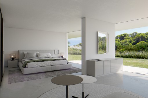 Schlafzimmer mit großen Panoramafenstern