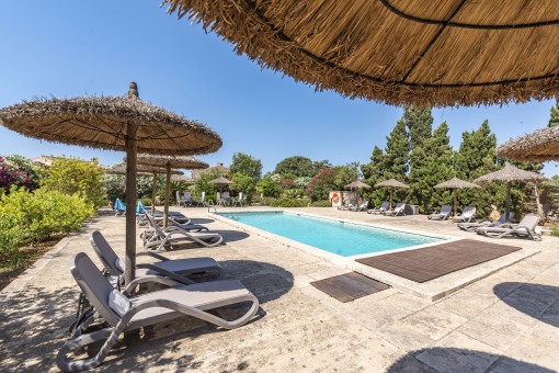 Poolbereich mit Sonnenliegen