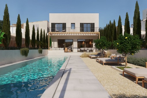 Erstklassiges Neubaustadthaus mit mediterranem Garten und Pool in Ses Salines
