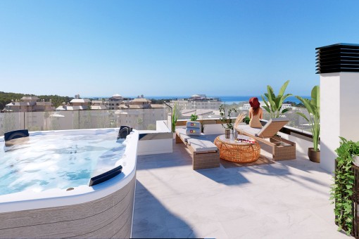 Tolles Neubau-Penthouse mit Meerblick, Jacuzzi und Gemeinschaftspool in Sa Coma