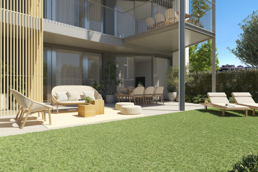 Neubau Erdgeschosswohnung mit überdachter Terrasse und privatem Garten in Strandlage von Palmanova