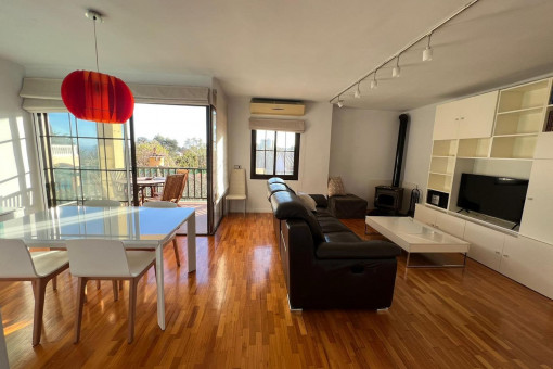 Open living and dining area with fire place 
