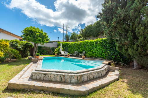 Swimmingpool ist in den Garten eingebettet
