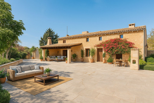 Visualisierung – Modernisierte Fincafront mit mediterranem Ambiente als Beispiel, wie der Außenbereich nach einer sanften Aufwertung wirken könnte