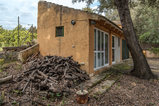 Seitenansicht des Chalets mit Bäumen