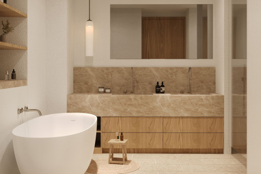 Hochwertiges Bad en suite mit Naturstein und freistehender Wanne – zeitloses Design mit Komfort