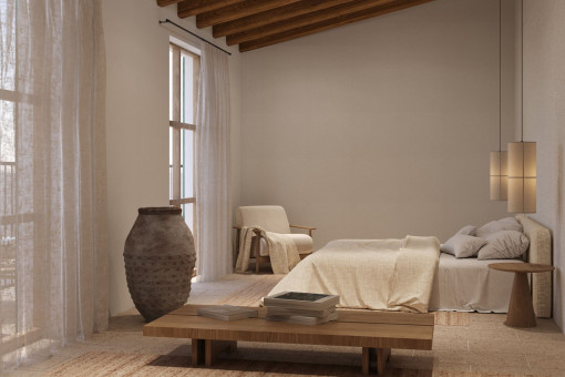 Hauptschlafzimmer mit natürlicher Ruhe – klare Linien, weiche Stoffe, warme Atmosphäre