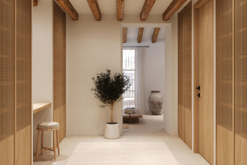 Ankleidebereich mit Naturholz und Sichtachsen – durchdachtes Interior-Design im Stadthaus von Alaró