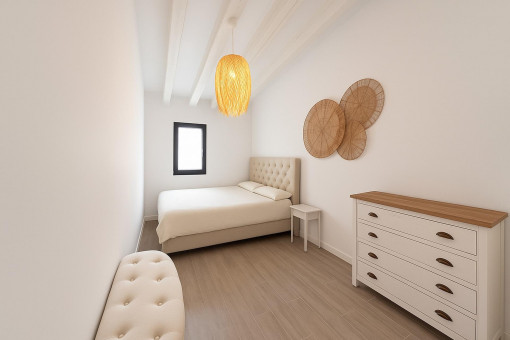 Gemütliches drittes Schlafzimmer mit warmen Tönen und Holzelementen
