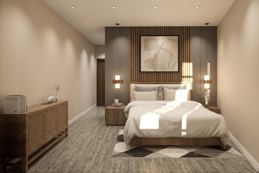 Schlafzimmer mit warmem Holzakzent und stilvoller Wandgestaltung