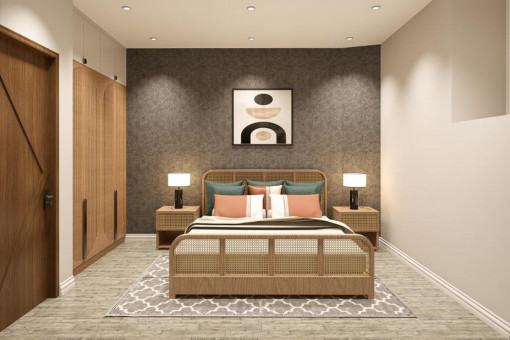 Schlafzimmer mit dekorativer Akzentwand und harmonischen Farben