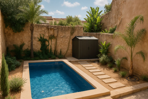 Pflegeleicht gestalteter mediterraner Außenbereich mit Swimmingpool