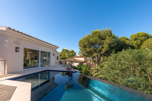 Moderner Pool mit ruhigem Ausblick auf die umgebende Natur.