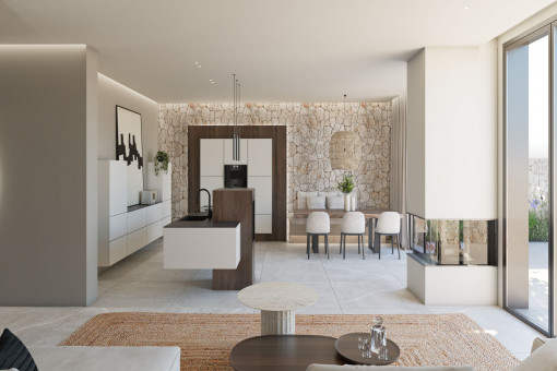 Offene Küche mit angrenzendem Wohnbereich