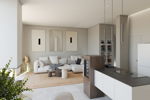 Küche mit angrenzendem Wohnbereich