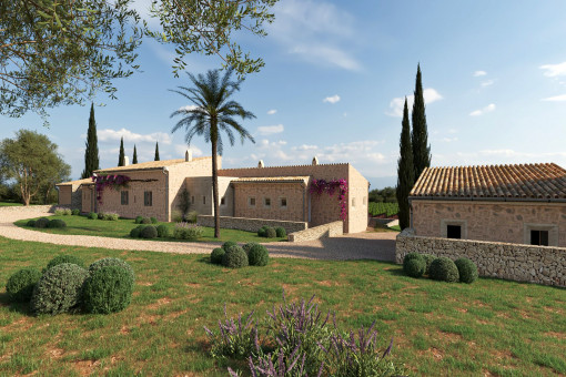 Außenansicht der geplanten Finca mit Garten