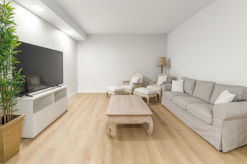 Modernes gemütliches Wohnzimmer mit Fernseher