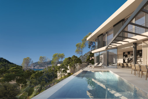 Wohnen mit Stil, Neubauvilla mit Pool und Garten in exklusiver Lage mit Panoramablick über Paguera und das Meer